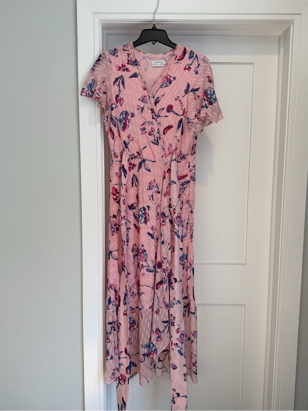 Tanya Taylor Pink Floral Midi Wrap Dress